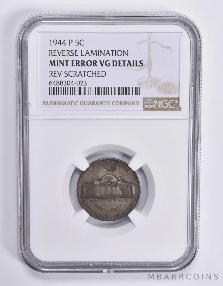 MINT ERROR 1944-P Jefferson Nickel REV Lamination NGC *1858