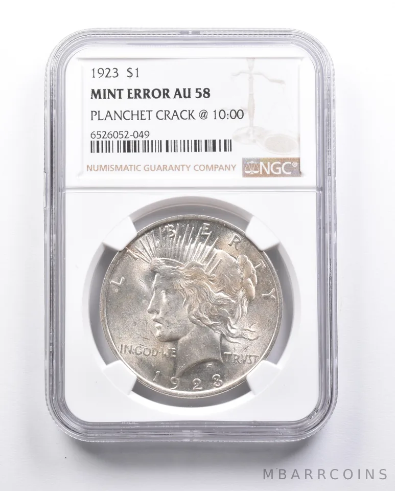 AU58 1923 Peace Silver Dollar Error Planchet Crack @ 10:00 NGC *6655