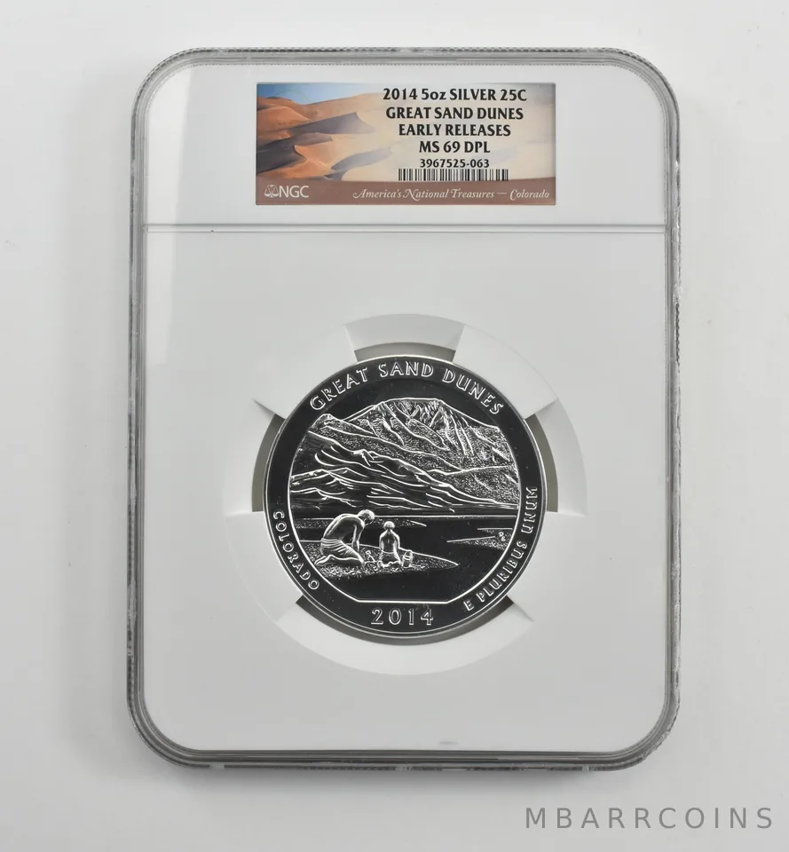 2014 5 Oz Silver Quarter ATB Great Sand Dunes ER MS69 DPL NGC *1550