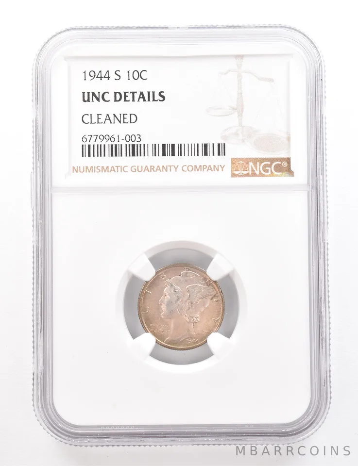 1944-S Mercury Dime Unc Details Cleaned NGC Beautiful Tone *3415