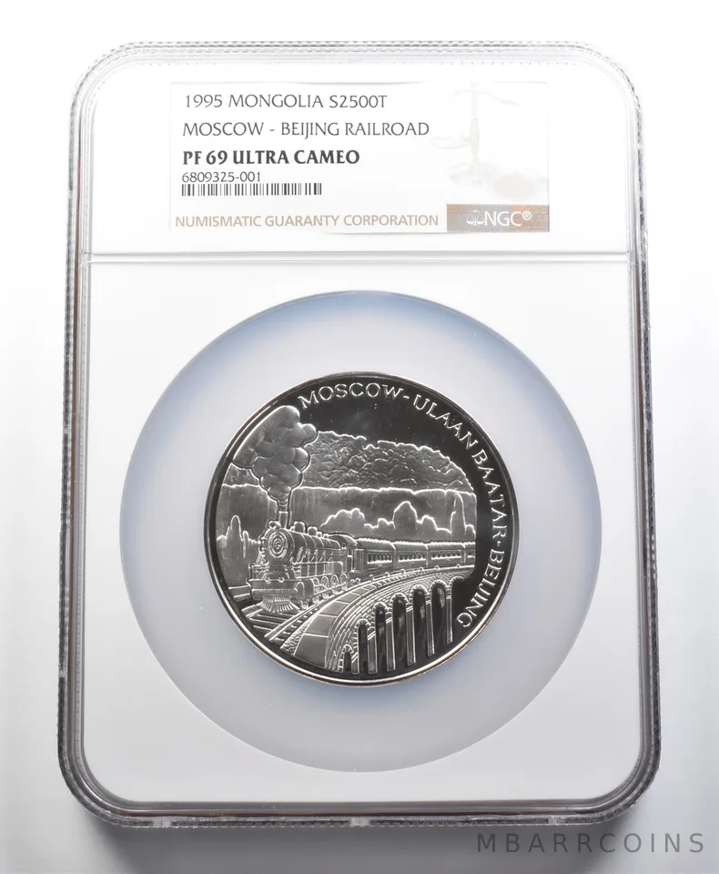 PF69 UCAM 1995 Mongolia 2500 Togrog Silver Moscow-Beijing Railroad NGC a0637