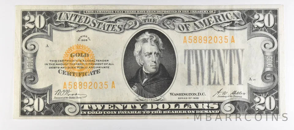 1928 $20 US Gold Certificate Fr#2402 a1007