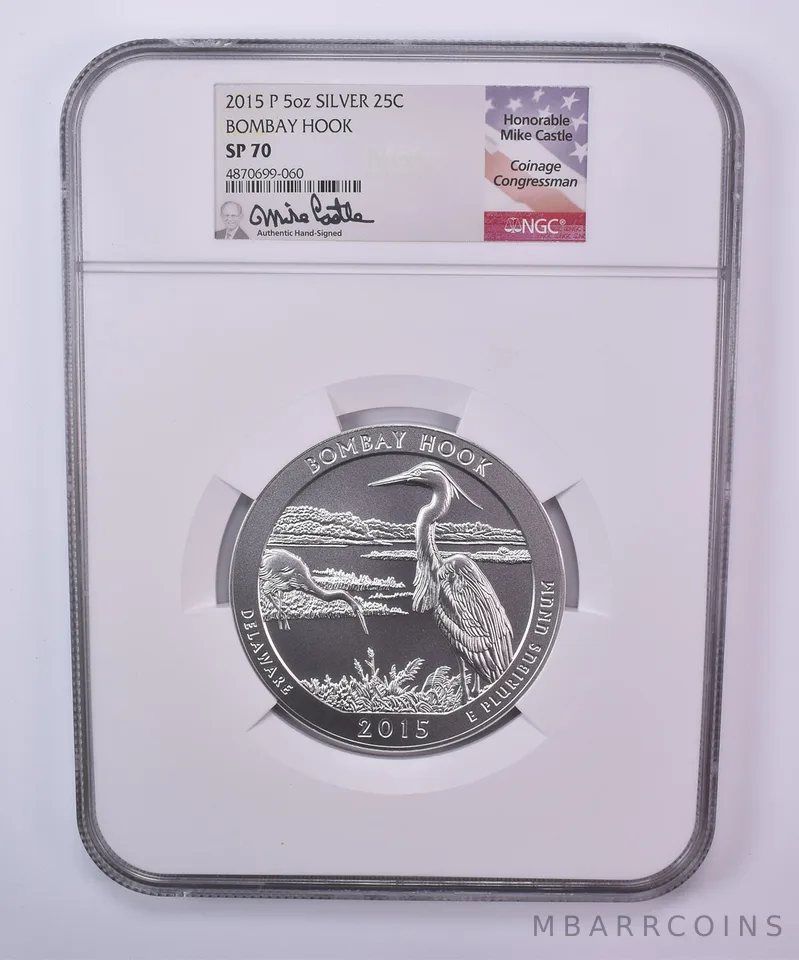 2015-P 5 Oz Silver Quarter ATB Bombay Hook Mike Castle SP70 NGC