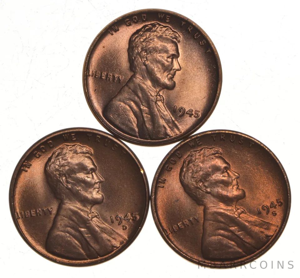 Choice Unc 1945 P+D+S Lincoln Wheat Cent Gem BU Collection Lot Set