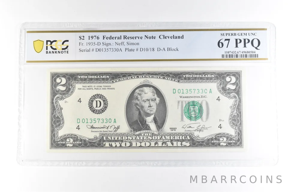 1976 $2 Cleveland OH FRN Fr#1935-D Superb Gem Unc 67 PPQ PCGS *0429