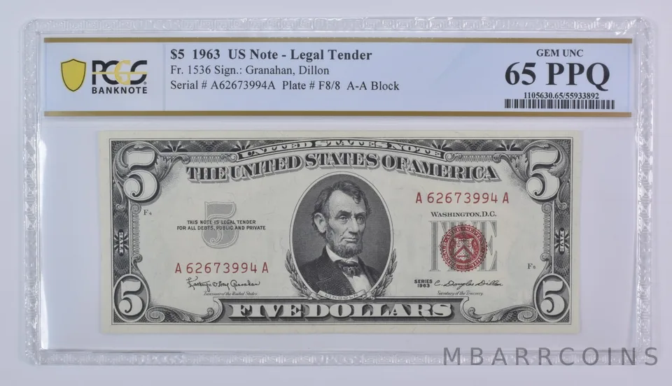 1963 $5 US Legal Tender Fr#1536 Gem Unc 65 PPQ PCGS