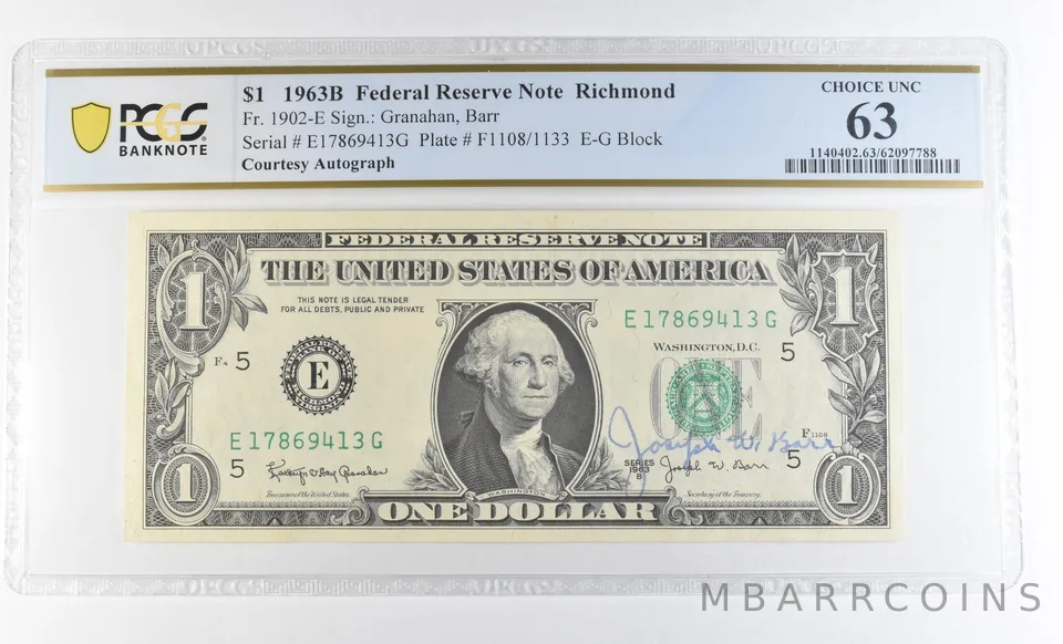 1963 B $1 Richmond VA FRN Courtesy Autograph FR#1902-E Unc 63 PCGS Barr *0624