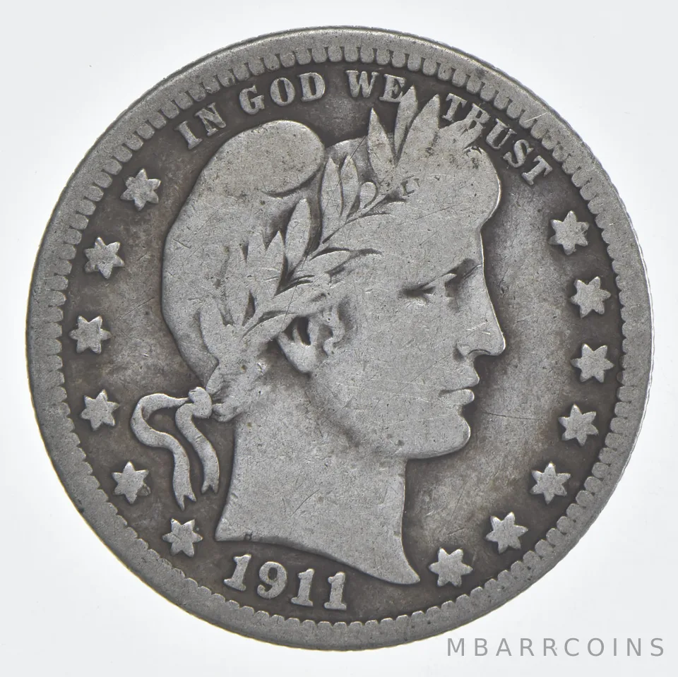 1911 (P) Barber Quarter 90% Silver VG Condition