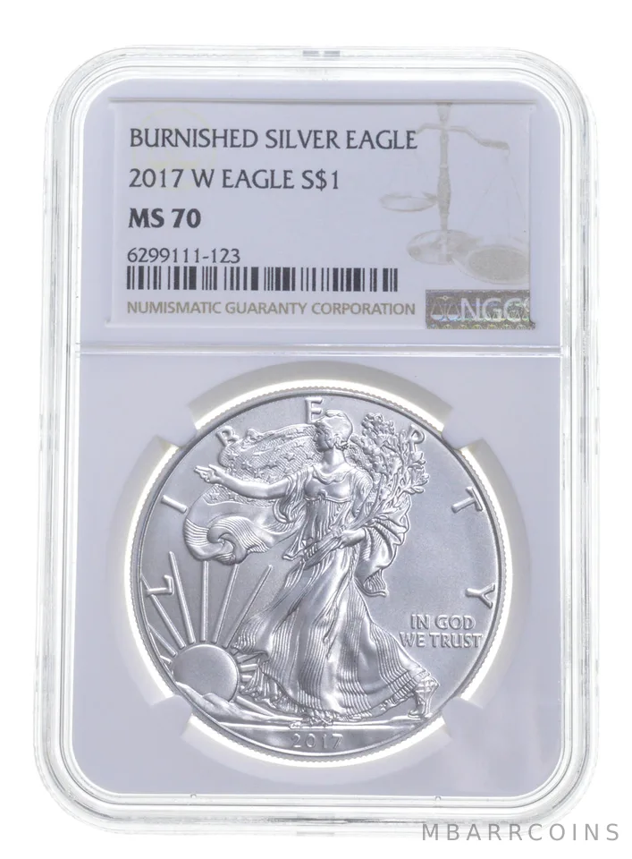 2017-W BURNISHED SILVER EAGLE MS70 NGC CLASSIC BROWN LABEL