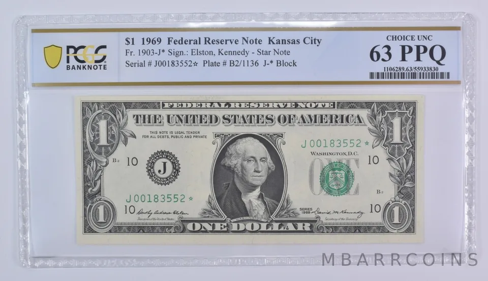 1969 $1 Kansas City MO FRN Star Note Fr#1903-J* Choice Unc 63 PPQ PCGS