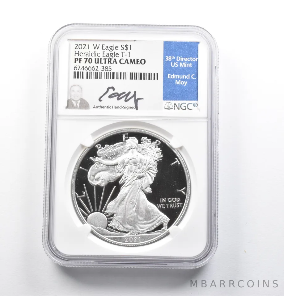 PF70 UCAM 2021-W American Silver Eagle Heraldic Eagle T-1 Signed Moy NGC a4742