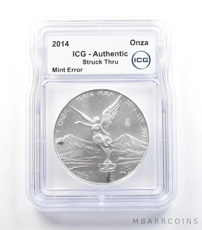 2014 Mo Mexico 1 Onza Silver Libertad Mint Error Struck Thru Authentic ICG *5049