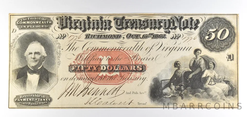 1862 $50 Richmond VA Treasury Note Obsolete Note *8765