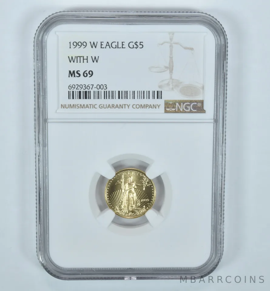 1999-W $5 American Gold Eagle With W 1/10 Oz 0.1 Oz Gold MS69 NGC Brown Label