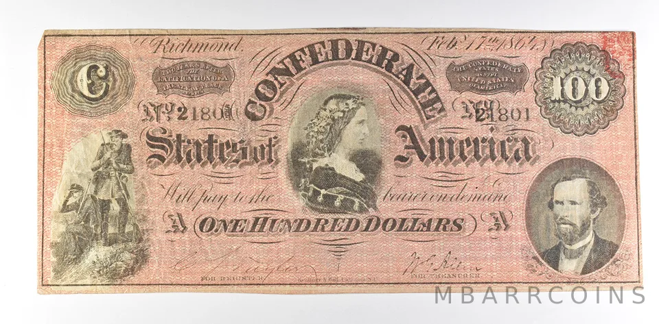 1864 $100 Confederate States Of America T-65 Large Note *8590
