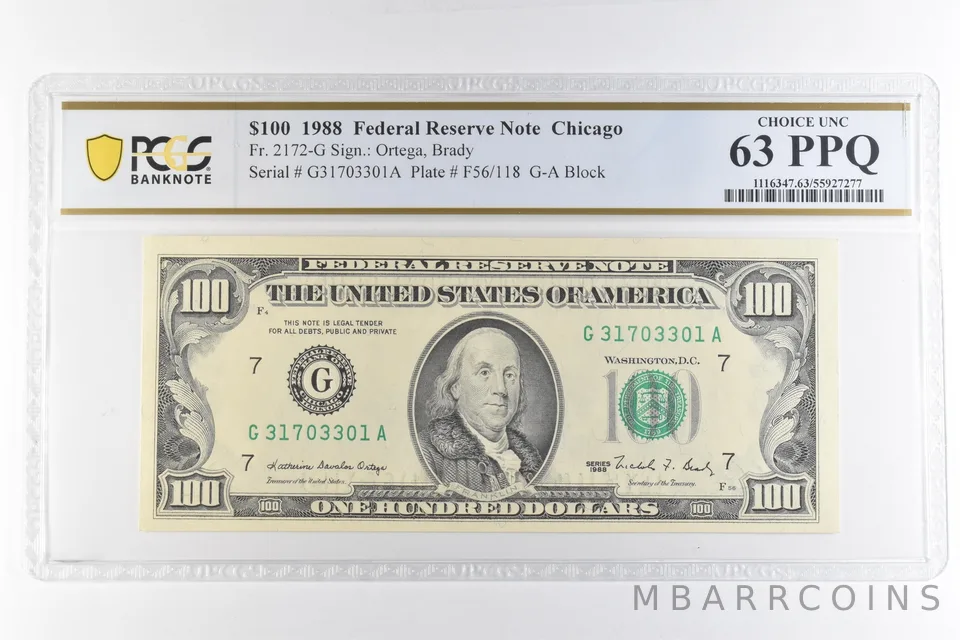 1988 $100 Chicago IL FRN Fr#2172-G Choice Unc 63 PPQ PCGS *6896