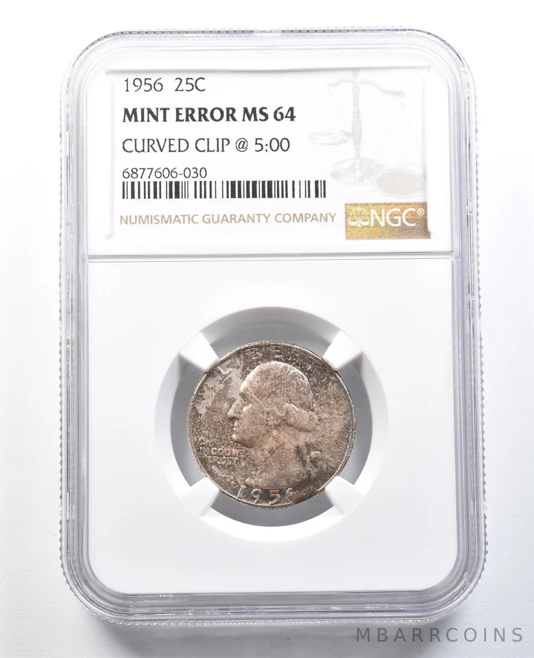 1956 Washington Quarter Mint Error Curved Clip @ 5:00 MS64 NGC *8207