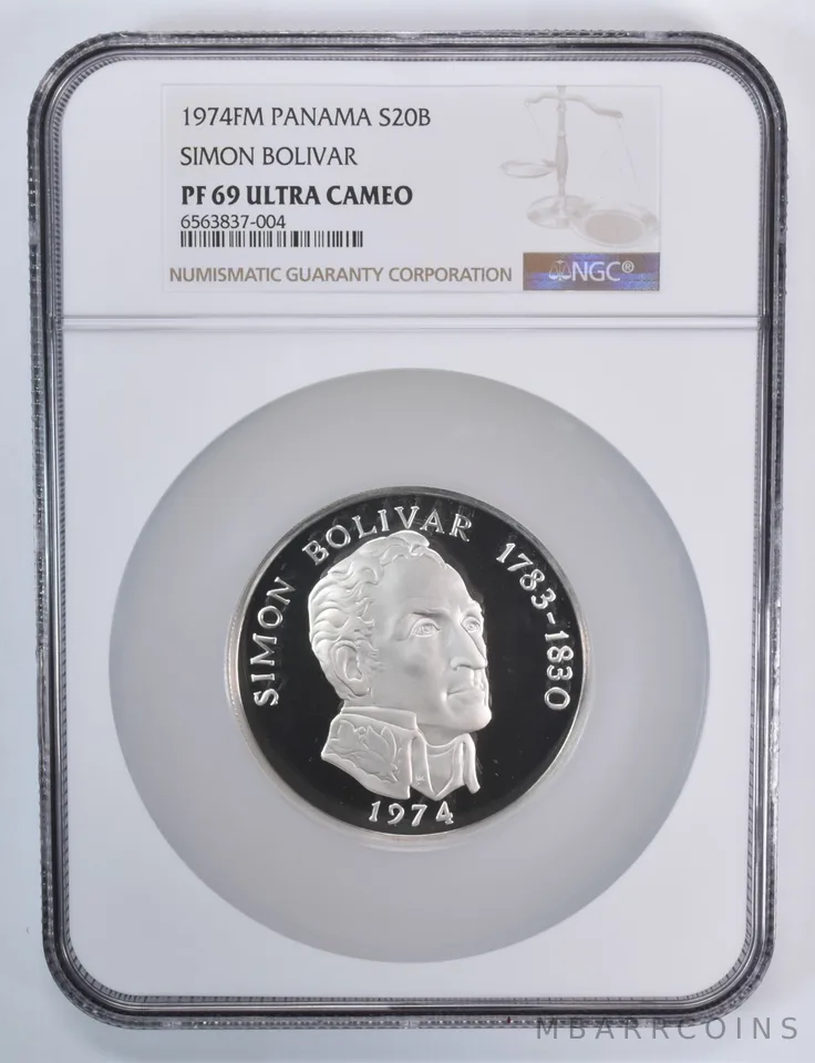 1974 FM Panama 20 Balboas Simon Bolivar Silver PF69 UCam NGC Brown Lbl