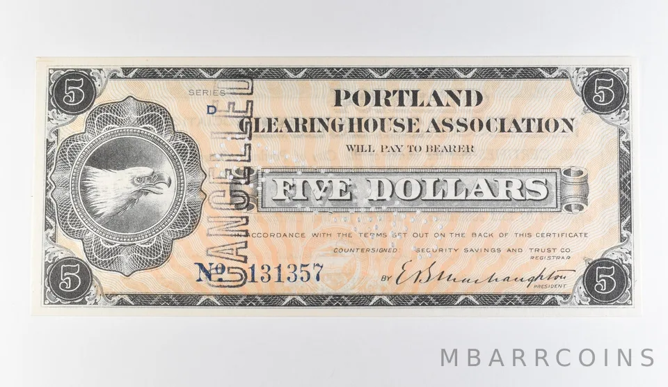 1933 $5 Portland OR Clearing House Association Scrip *9739