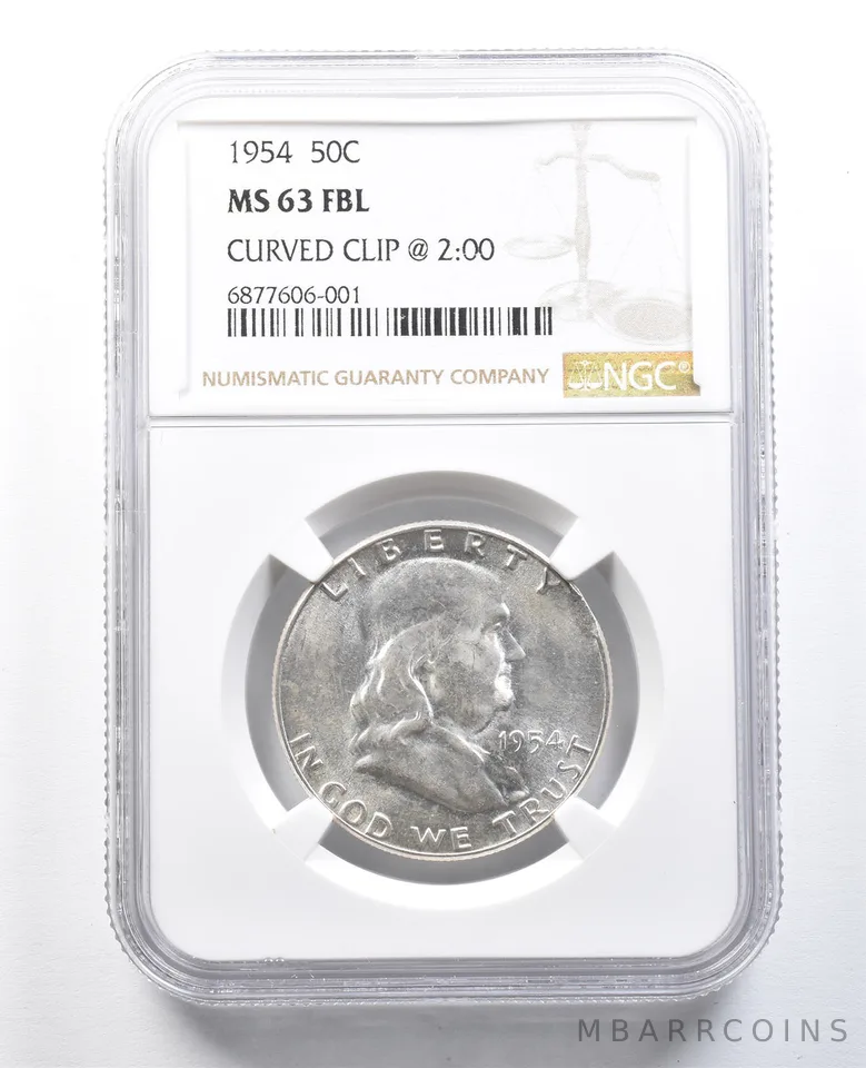 1954 Franklin Half Dollar Mint Error Curved Clip @ 2:00 MS63 FBL NGC *8250