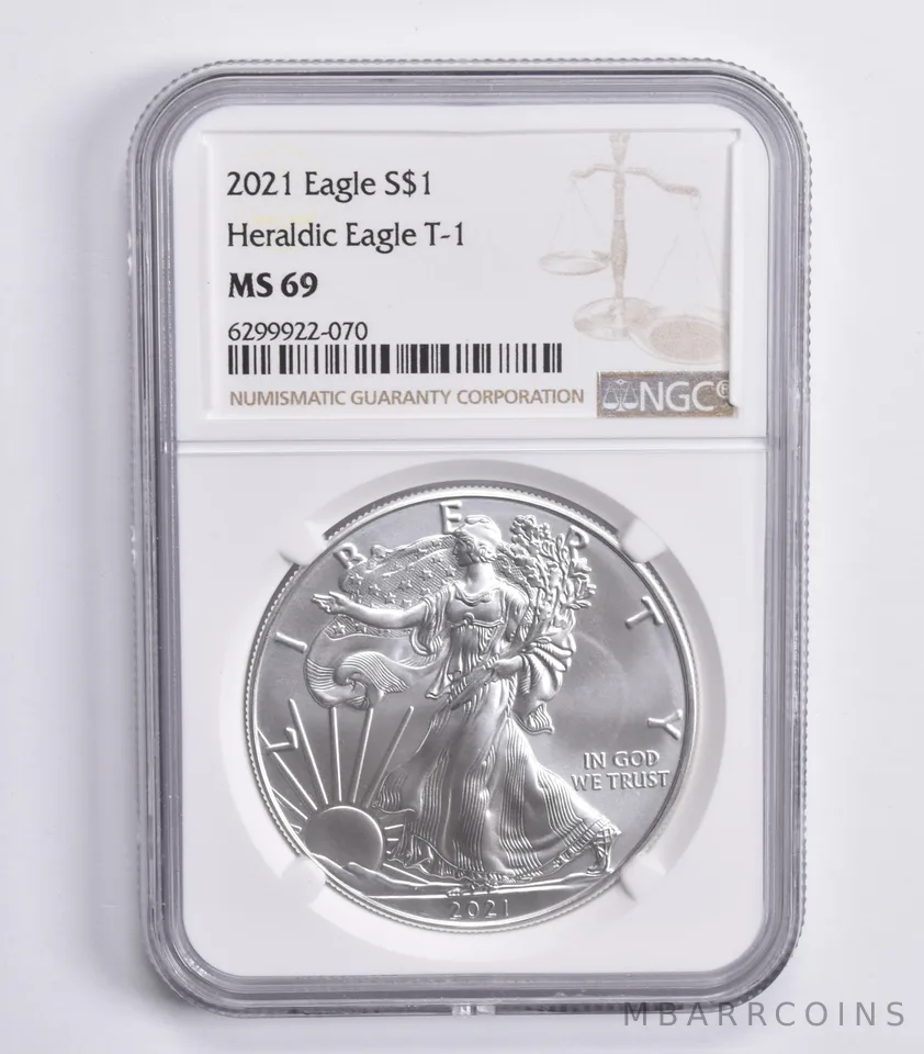 2021 American Silver Eagle T-1 Heraldic Eagle MS69 NGC Brown Lbl