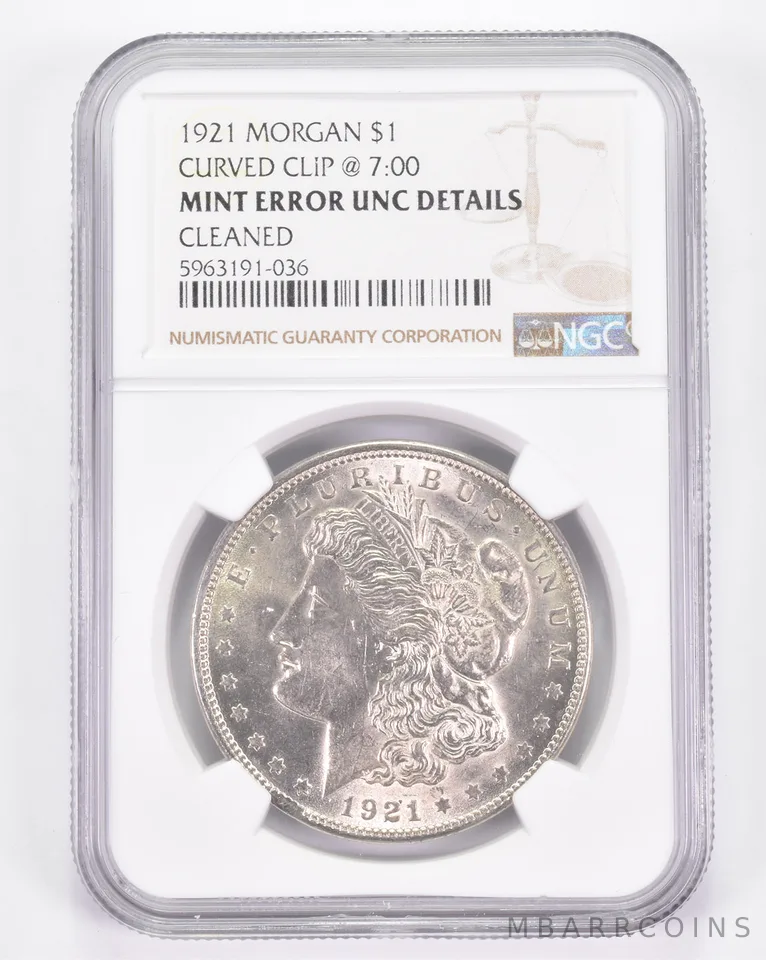 Mint Error UNC Details 1921 Morgan Silver Dollar - Curved Clip @ 7:00 NGC *8908