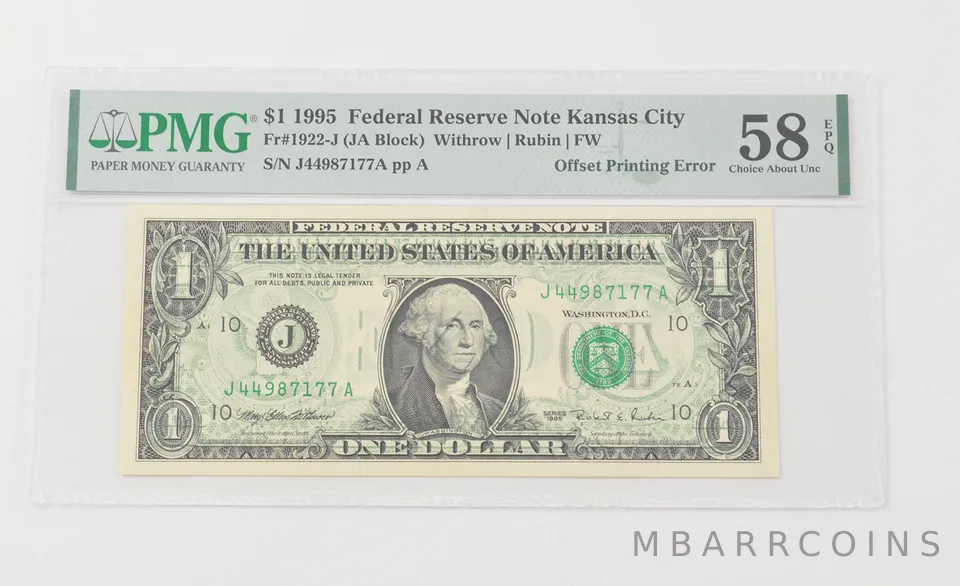 Choice About UNC 58 EPQ 1995 $1 FRN FR#1922-J Printing Error PMG *6566