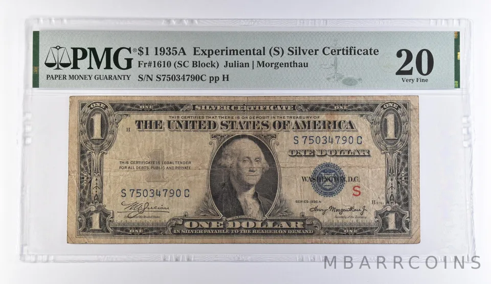 1935 A $1 Experimental (S) Silver Certificate Fr#1610 VF 20 PMG *9416