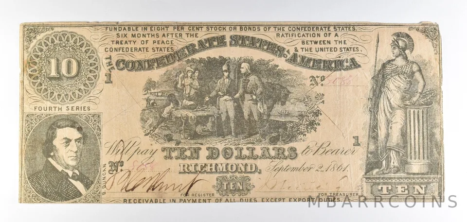 1861 $10 Confederate States Of America Richmond VA Obsolete Note *8730