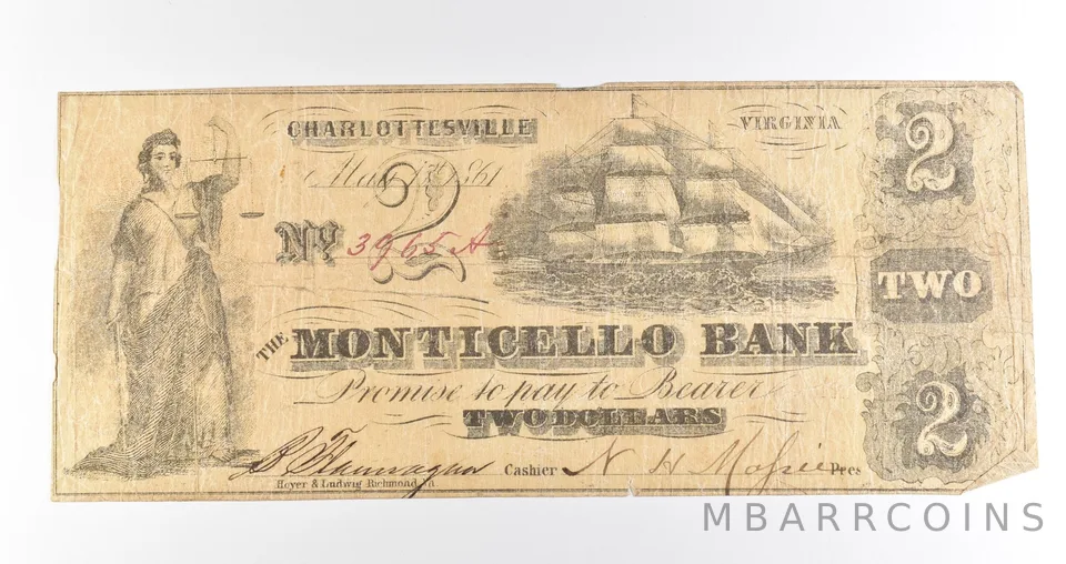 1861 $2 Charlottesville VA Monticello Bank Obsolete Note *3920