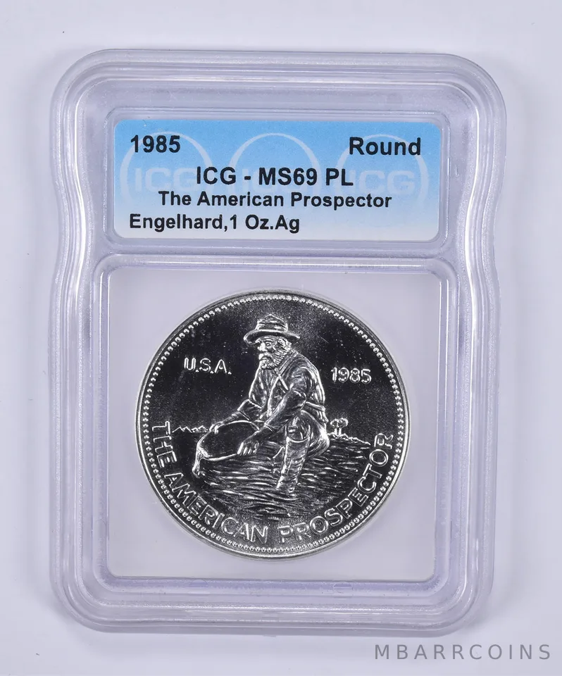1985 Engelhard American Prospector 1 Troy Oz Silver Round MS69 PL ICG