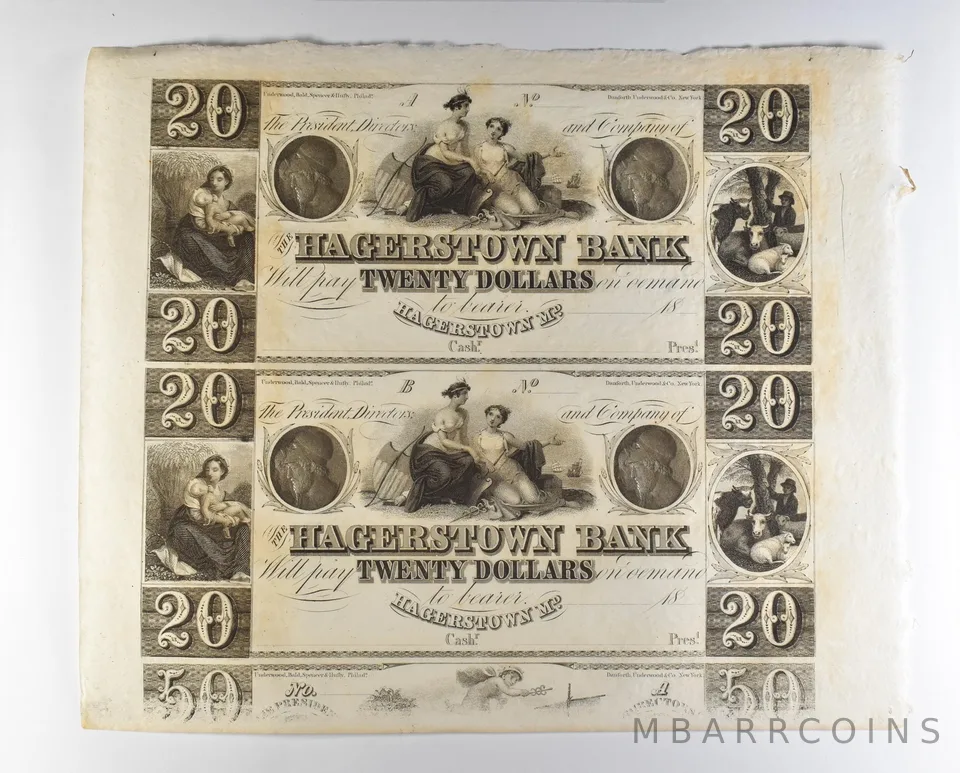 Lot (2) 1800s $20 Hagerstown MD Bank Obsolete Note Uncut *8706