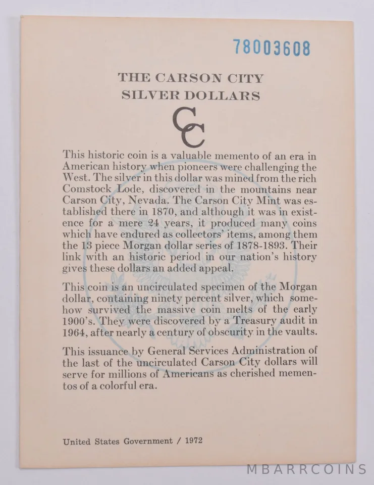 COA 1878 GSA Certificate Original Card for CC Morgan Silver Dollar (1card)