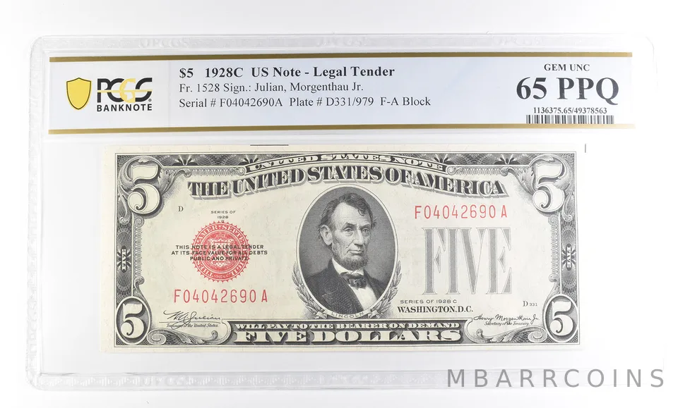 1928 C $5 US Legal Tender Fr#1528 Gem Unc 65 PPQ PCGS *2377