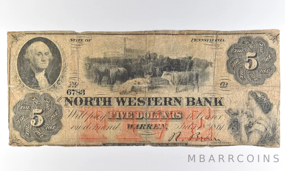 1861 $5 Warren PA North Western Bank Obsolete Note *8321