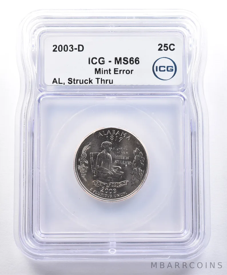 2003-D Washington State Quarter Alabama Mint Error Struck Thru MS66 ICG *4052