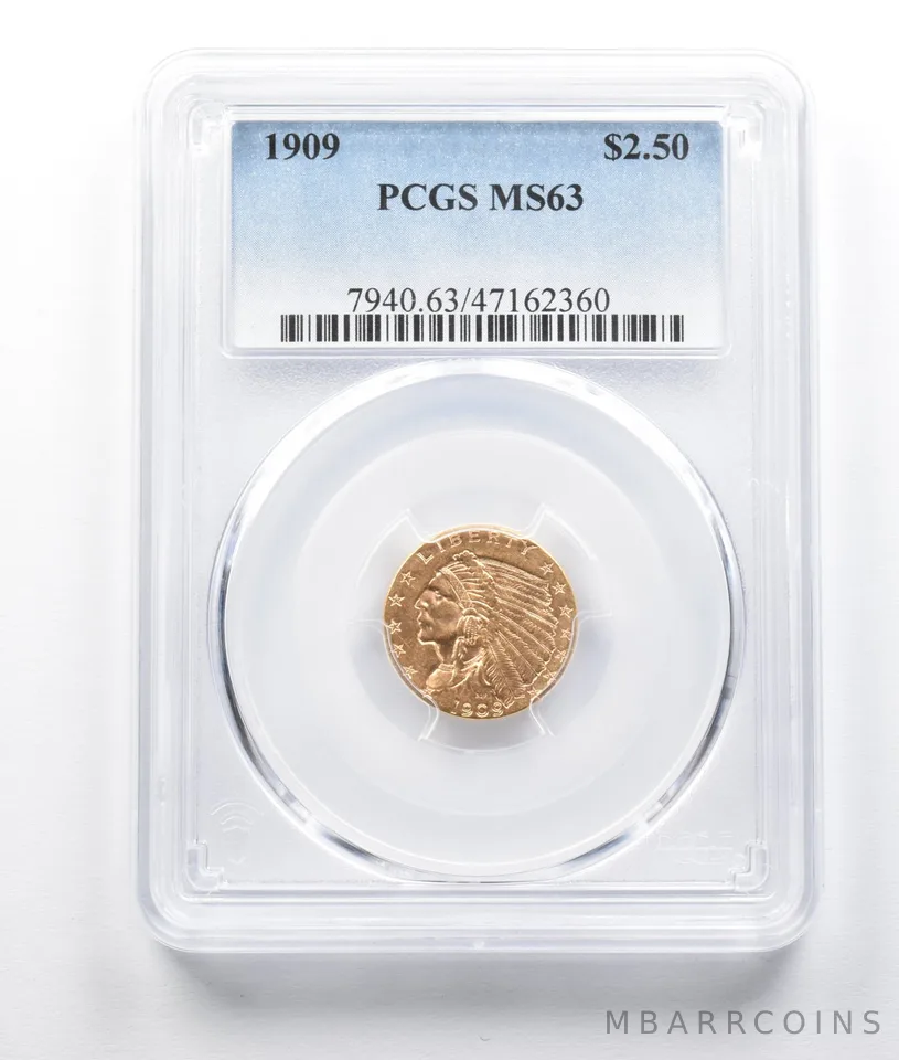 MS63 1909 $2.50 Indian Head Gold Quarter Eagle PCGS a8087