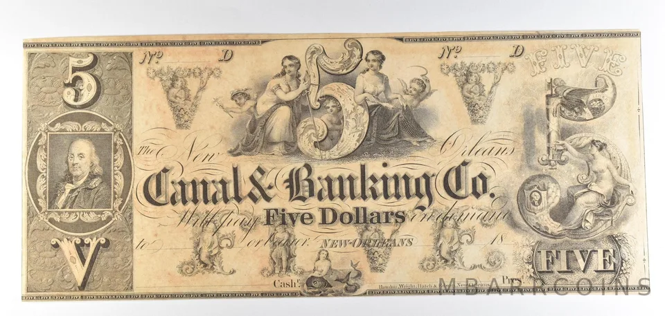 1800s $5 New Orleans LA Canal & Banking Co Obsolete Note *8858