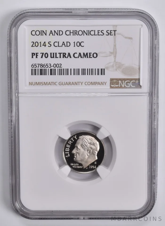 2014-S Roosevelt Dime 10C CLAD Coin and Chronicles PF70 NGC Brown Lbl