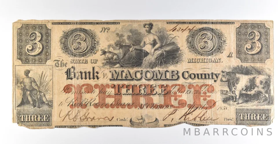 1858 $3 Michigan Bank Of Macomb County Obsolete Note *8447