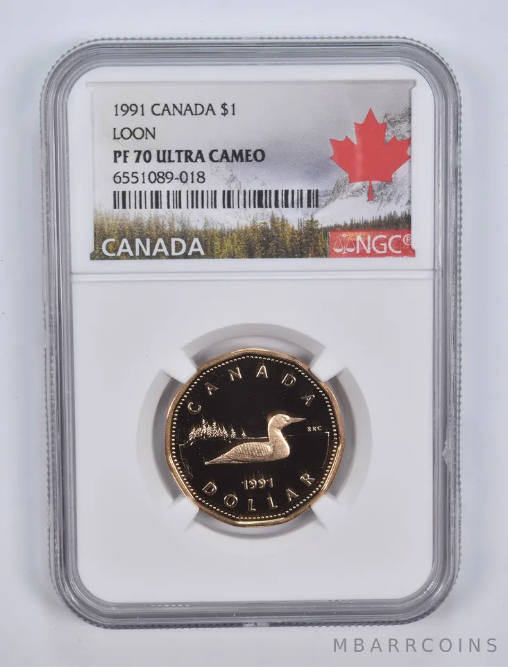 1991 Canadian $1 Dollar LOON PF70 UCAM NGC Canada Lbl