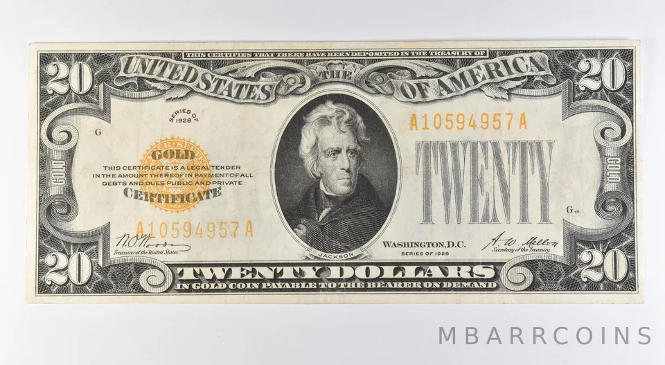 1928 $20 Gold Certificate Yellow Seal Fr#2402 *9579