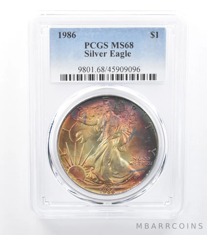 1986 American Silver Eagle MS68 PCGS Rainbow Tone a7724