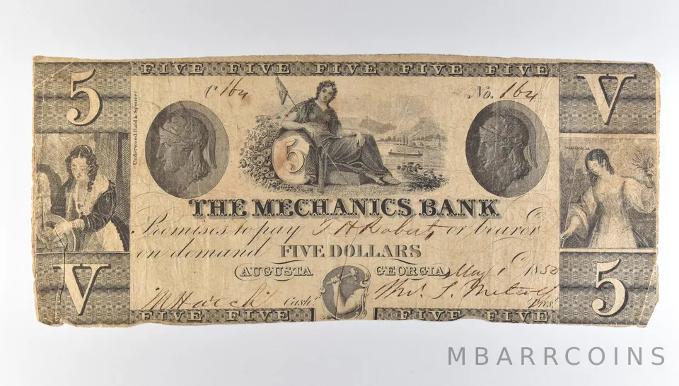 1850 $5 Augusta GA Mechanics Bank Obsolete Note *8224