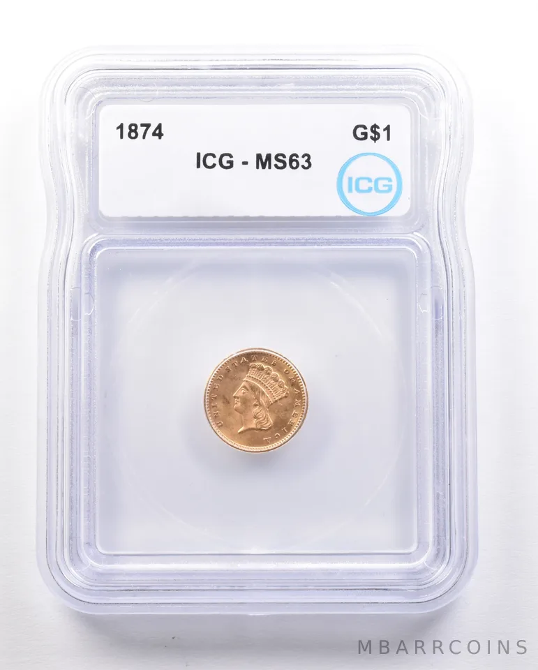 1874 $1 Indian Princess Head Gold Dollar MS63 ICG *4797