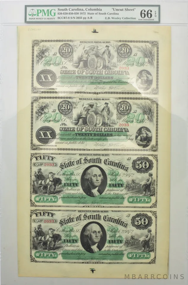 1872 $20-$20-$50-$50 Columbia SC Uncut Sheet Gem Unc 66 EPQ PMG *8567