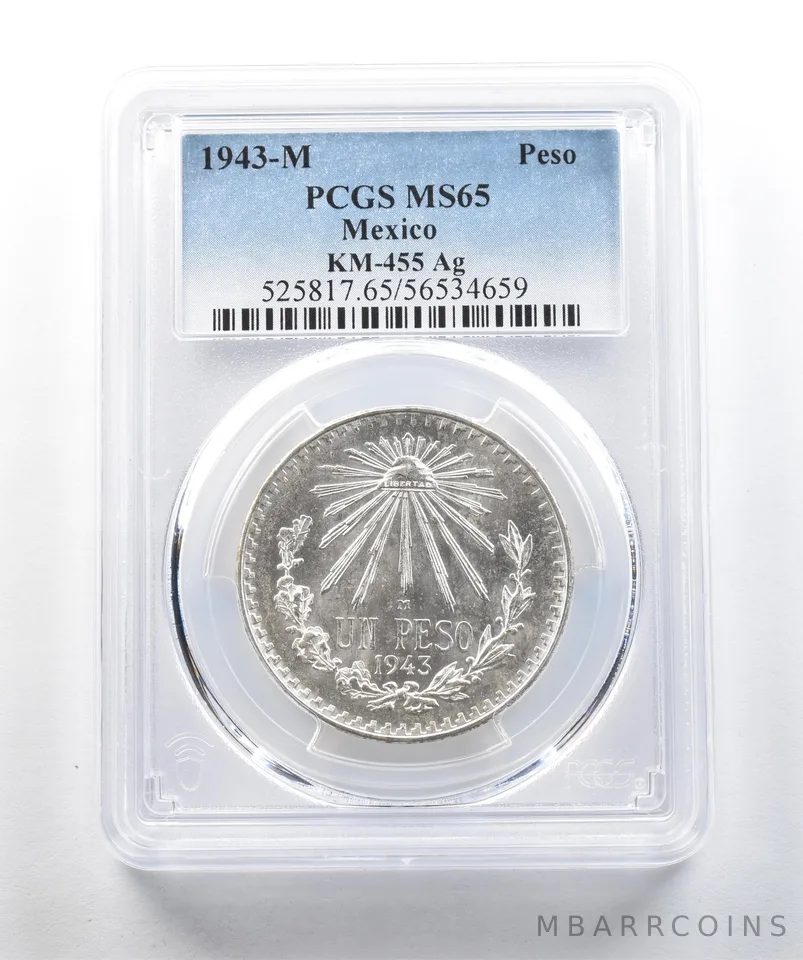 1943 M Mexico Peso Silver KM-455 MS65 PCGS *2049