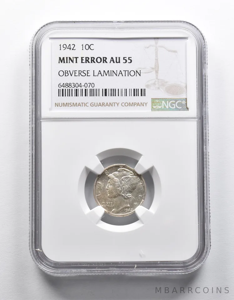 Mint Error AU55 1942 Mercury Dime OBV Lamination NGC *1890