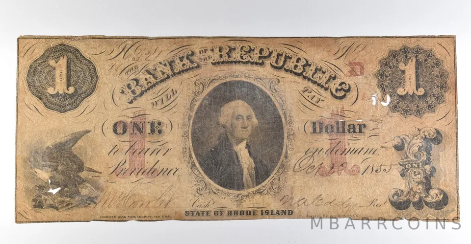 1855 $1 Providence RI Ban Of The Republic Obsolete Bank Note *8386
