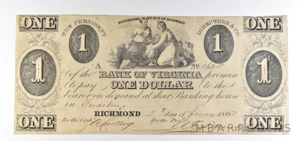 1862 $1 Richmond VA Bank Of Virginia Obsolete Note *8816
